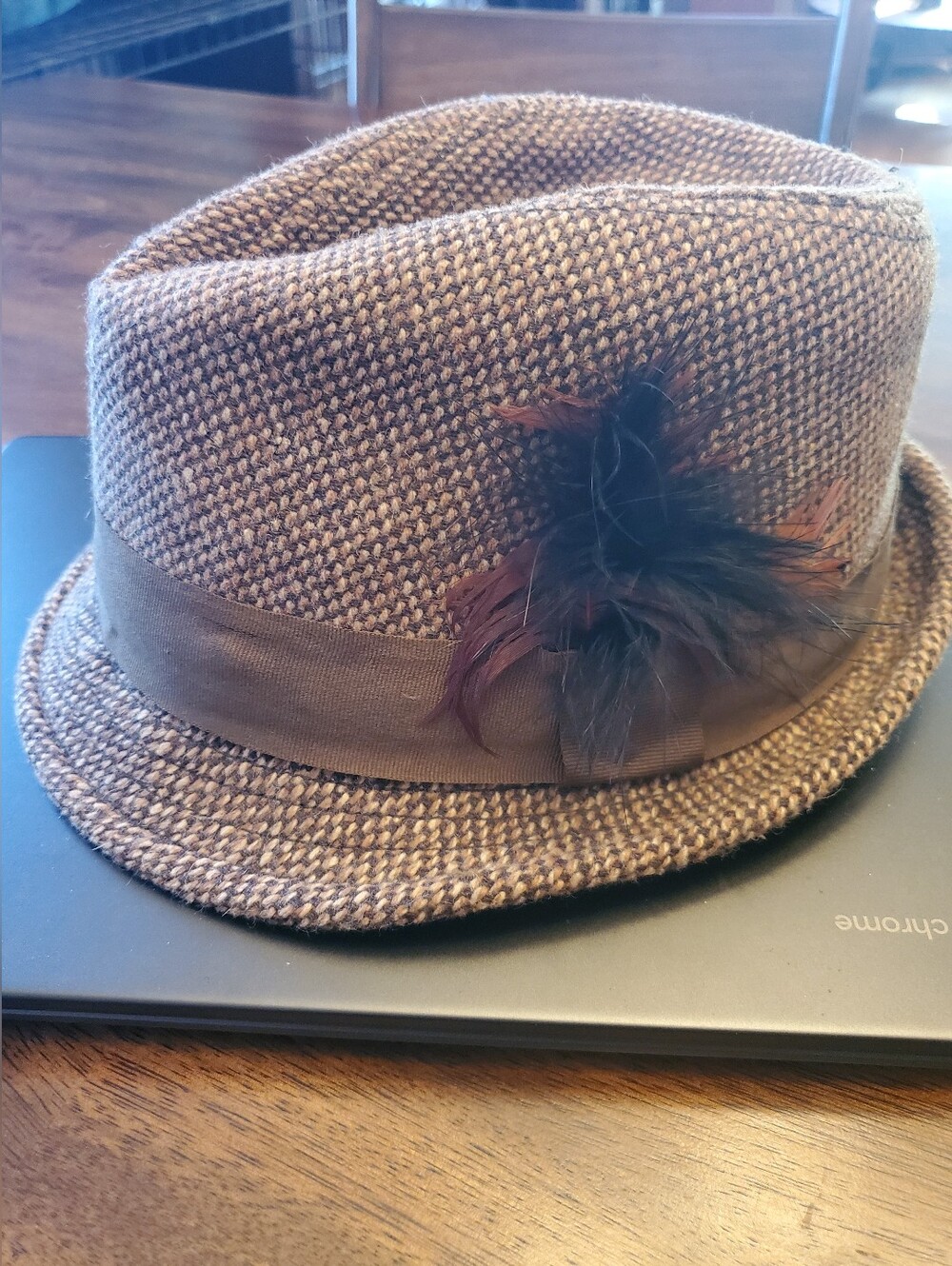 Michael Stars Men's Brown Tweed Fedora with Feather Accent